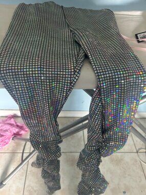 AKIRA Holographic Silver Square Mosaic Sequin Disco Flare Pants – S